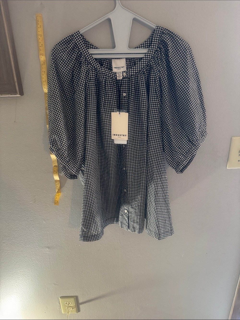 INDUSTRY Navy Gingham Peasant Puff-Sleeve Blouse